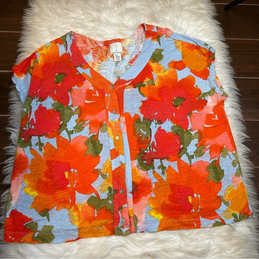 Joie Linen Blend Floral V Neck Top Womens Size 2X Buttons Boho Classic Artsy